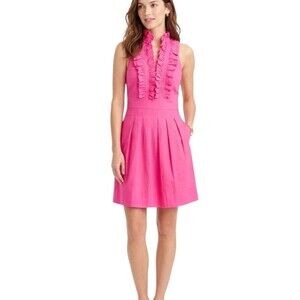 BCBGMAXAZRIA Ruffle Front Halter Dress Pink Cotton Blend Tie Back Pleats Lined 0